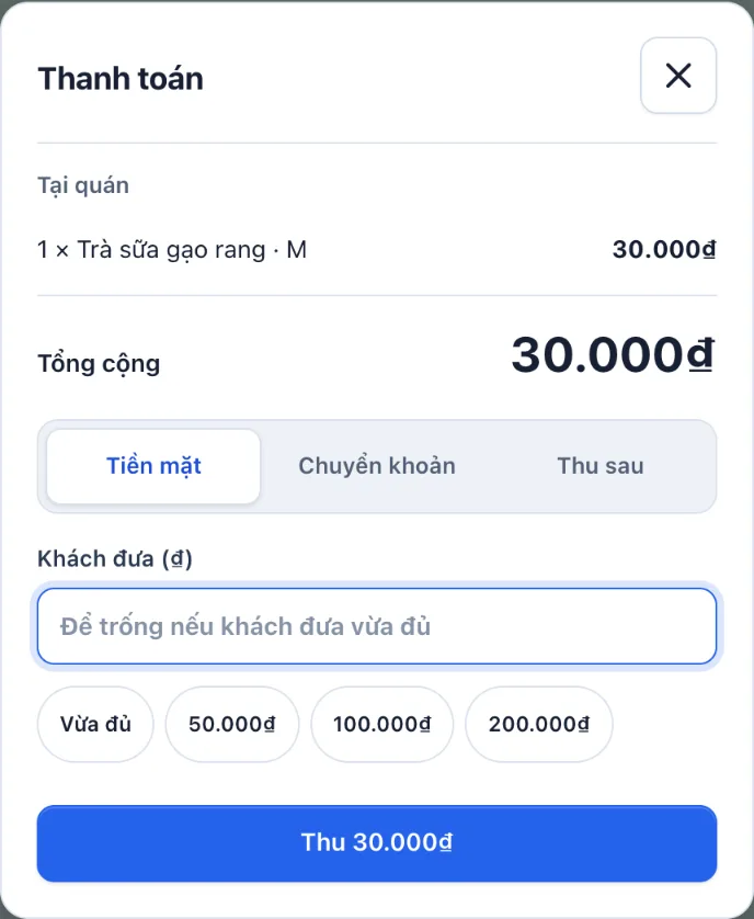 Hộp thoại Thanh toán của Tilomi: 1 × Trà sữa gạo rang · M, 30.000₫, chọn tiền mặt, chuyển khoản hoặc thu sau.
